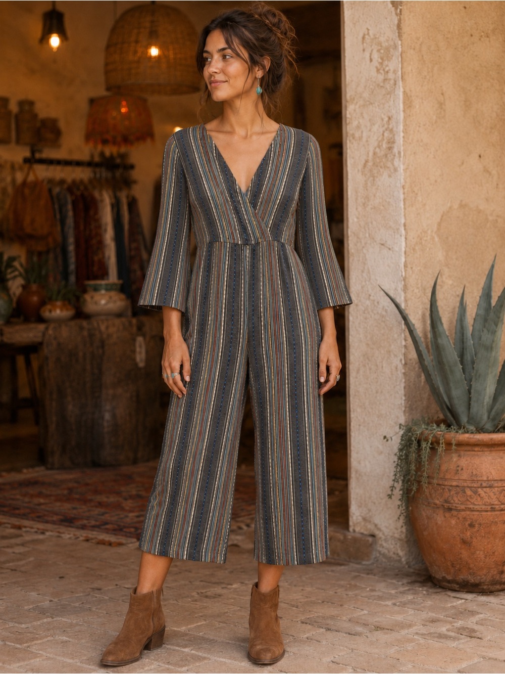 Chelsea & Violet Striped V-Neck Jumpsuit in Charcoal with Multicolor Pinstripes